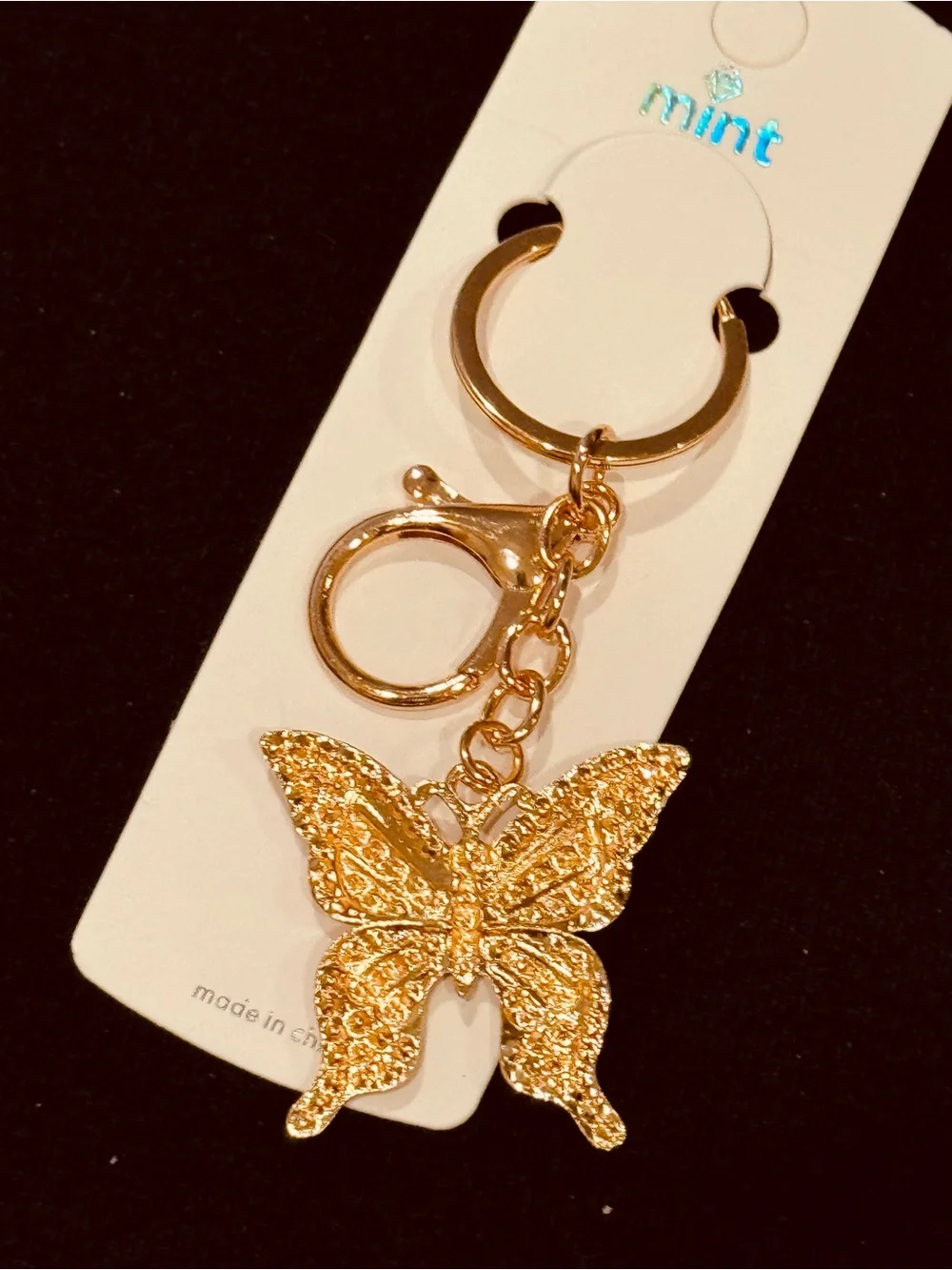 Mint Gold-Tone Keychain with Red Crystal Butterfly Charm NWT